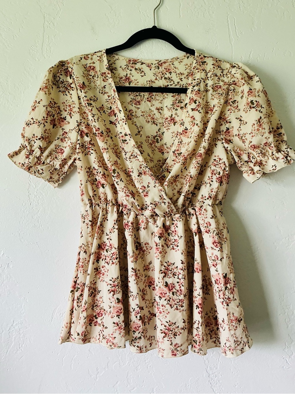 Hapsho Cream Floral Wrap Peplum Top with Pink Roses